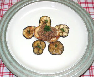 マルショウ料理レシピ　天然ほたて貝柱の料理：貝柱の肉味噌のせごま風味